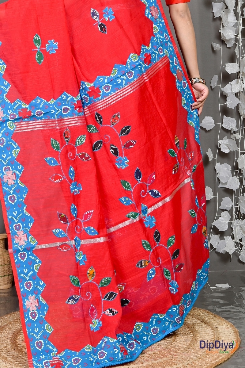 Red Cotton Blended Parik Applique Saree (328)